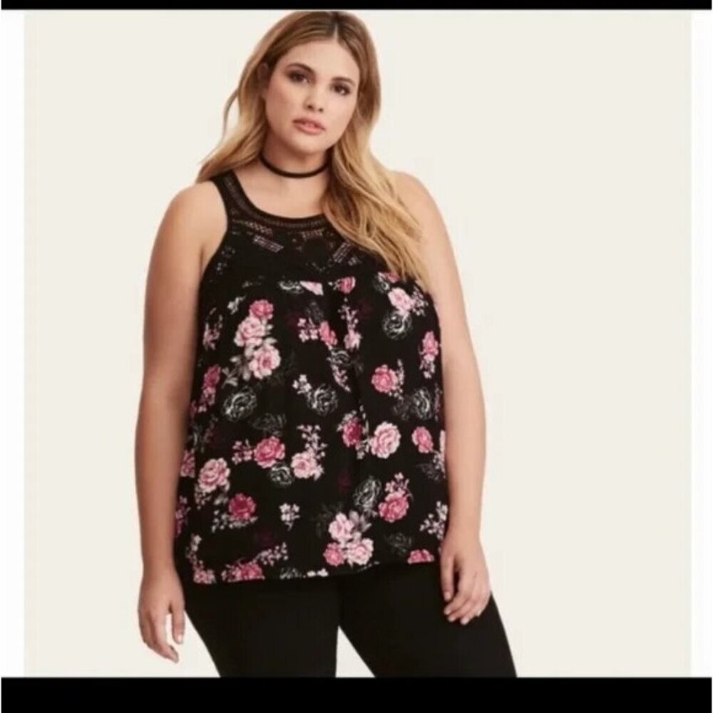 Torrid Floral Print Gauze Crochet Tank Top Black Pink Floral Sleeveless Sz 1 1X